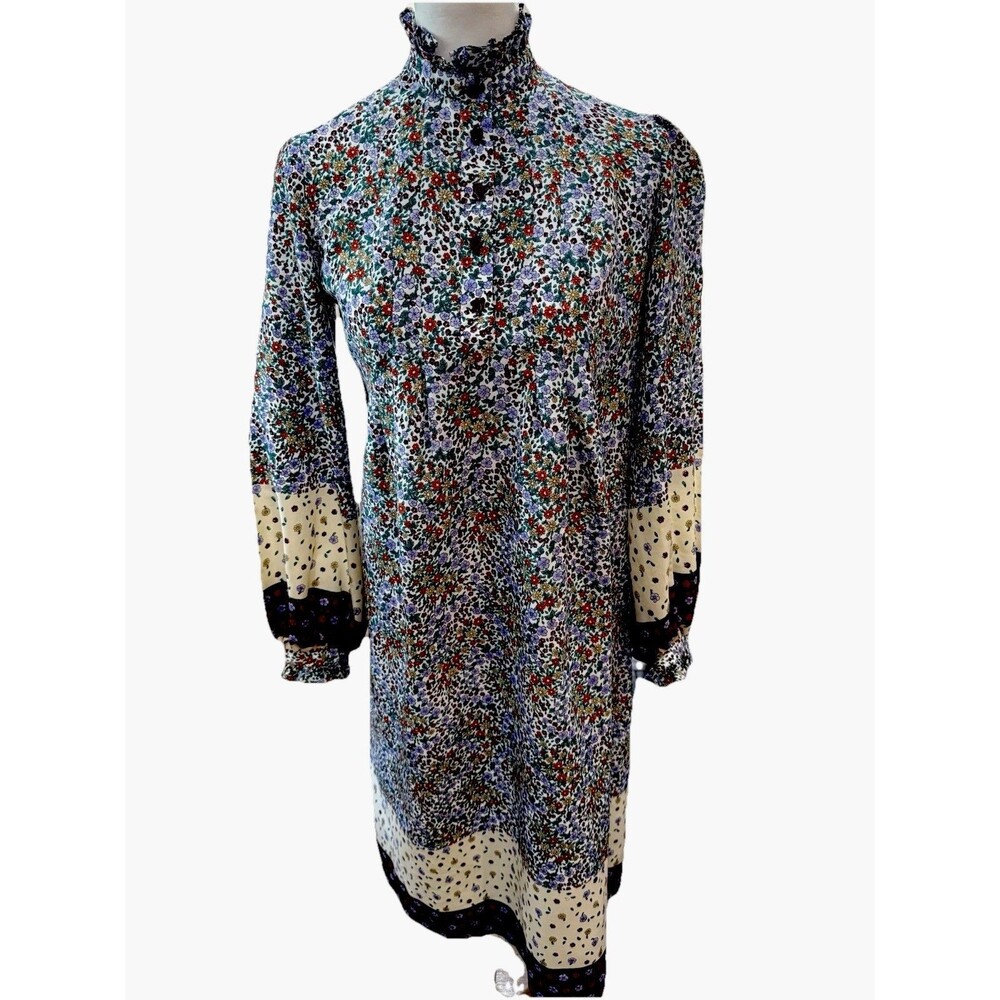 Vintage Jonathan Logan Prairie Dress Floral Ruffle Neck ILGWU Union Made USA L